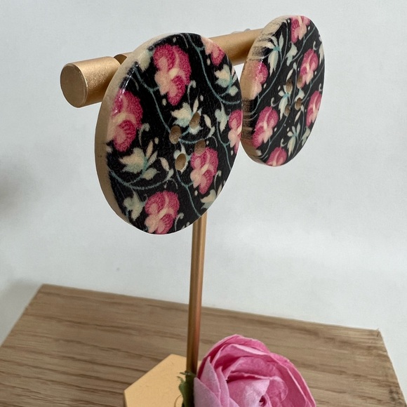 Floral Wooden Button Earrings - Picture 3 of 6